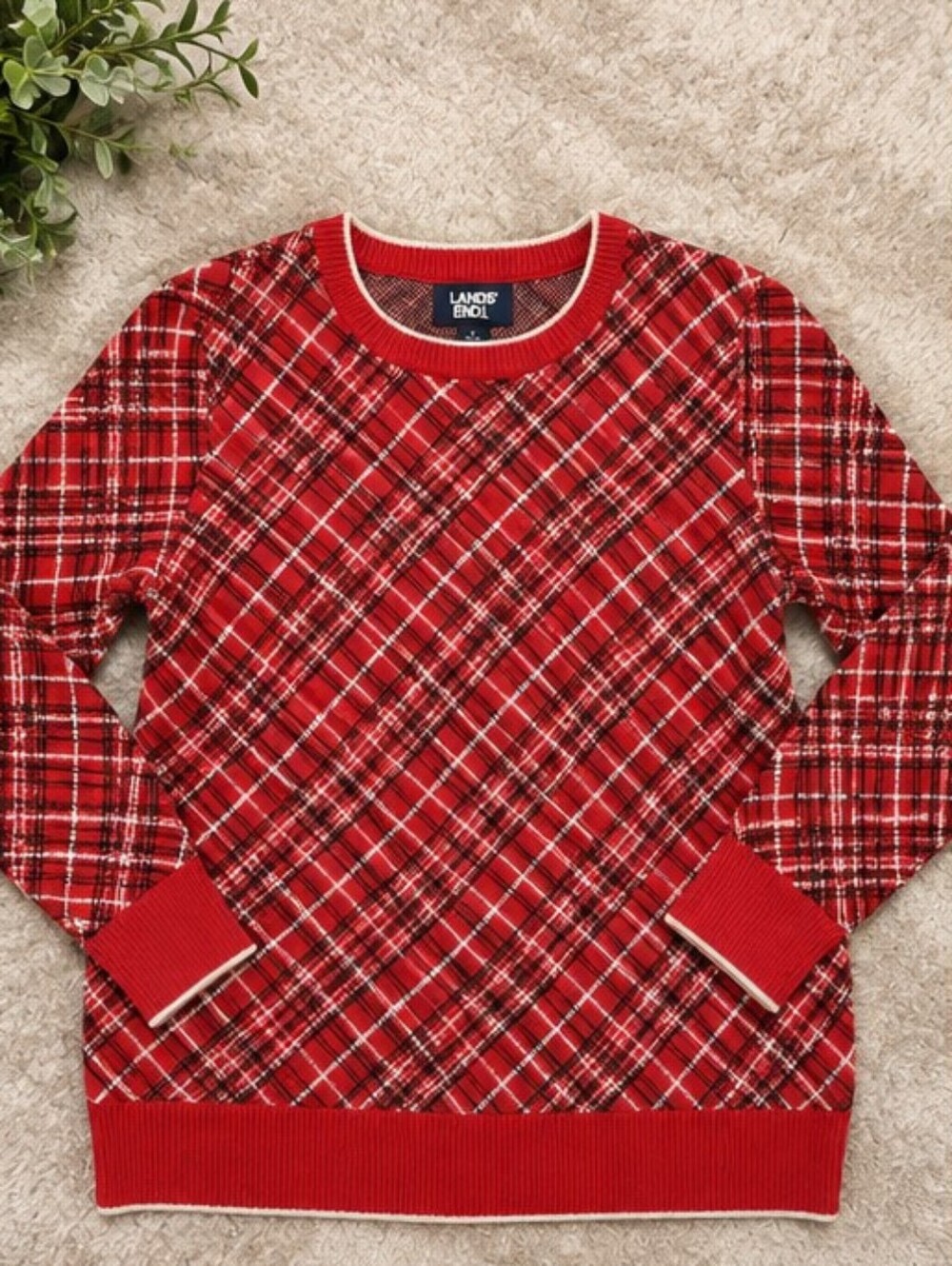 Lands' End Small Red Plaid Fine Knit Crewneck Sweater